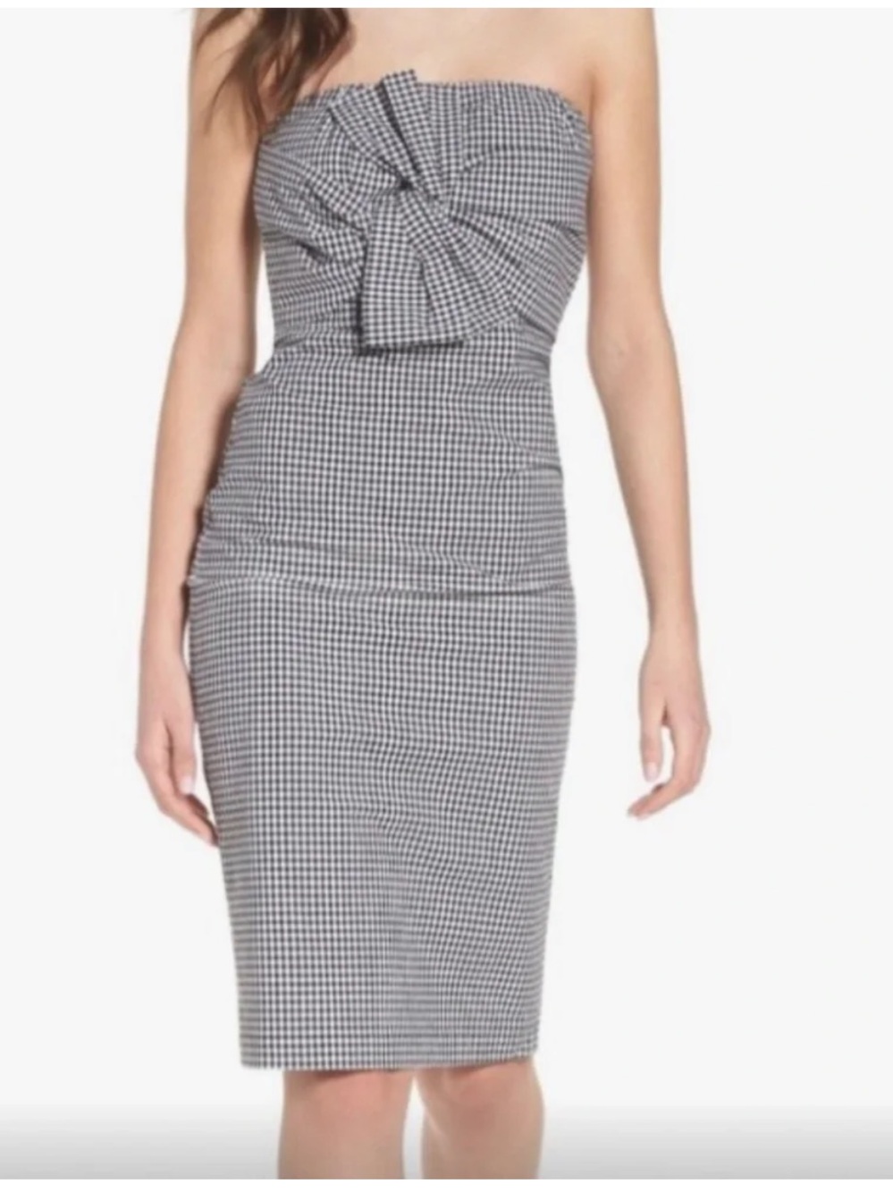 Leith Black & White Gingham Pencil Dress with Front Bow